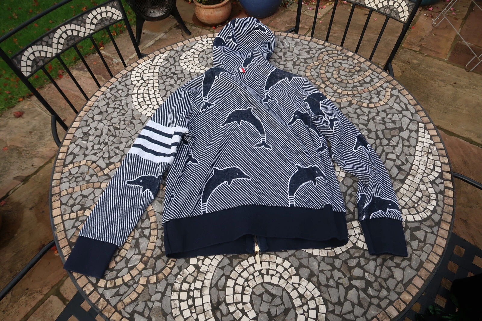 Thom Browne Dolphin Felpa con Cappuccio Maglione Zip Blu Navy Taglia 1