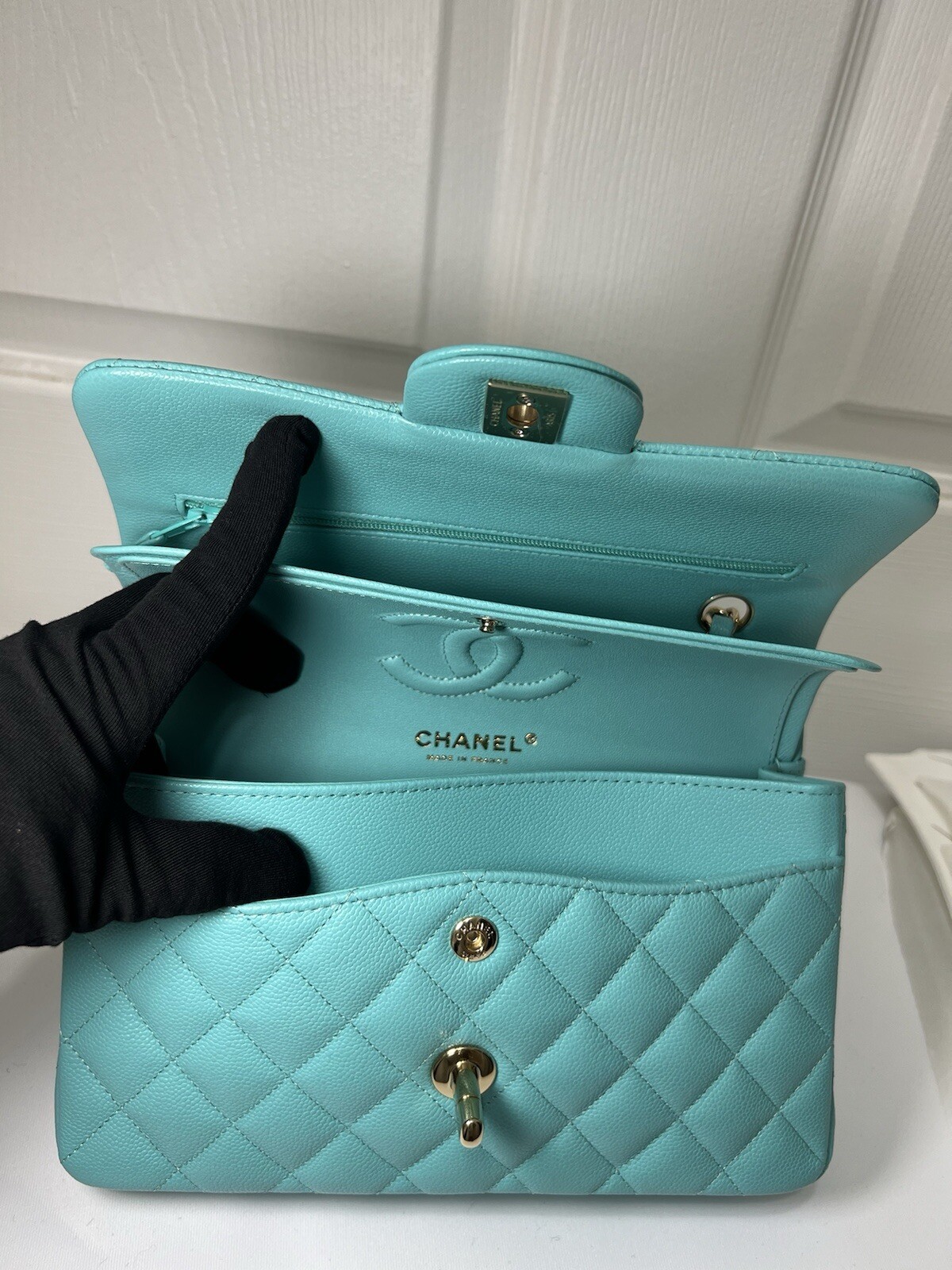 NEW CHANEL CLASSIC SMALL CAVIAR TURQUOISE W/GHW DOUBLE FLAP HANDBAG AUTHENTIC image 6