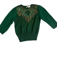 Simply Tops Emerald Green Angora Wool Blend Embellished Pullover Vintage Sweater