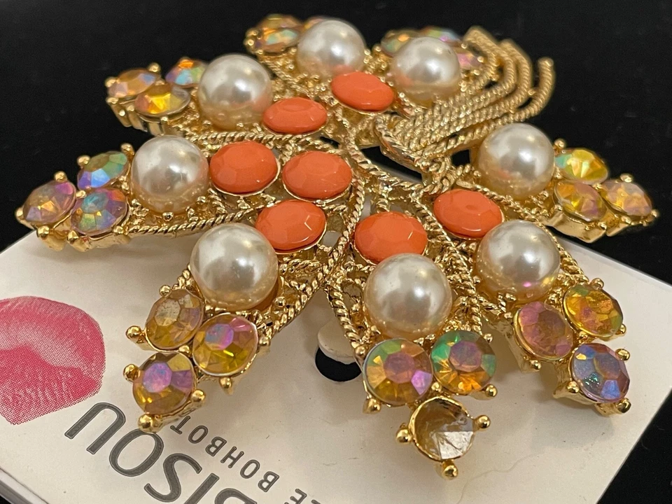 Broche vintage de diamantes de imitación de oro citrino perla BISOU BISOU MICHELE BOHBOT de 2,5” NUEVO EN STOCK Foto 4 de 4