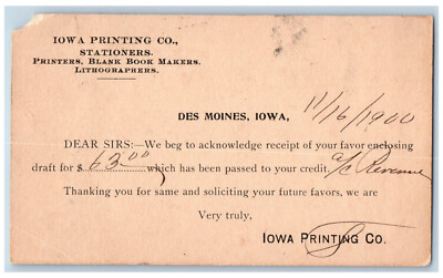 Des Moines Iowa IA Creston IA Postal Card Iowa Printing Co. Stationers 1900