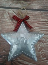 New Star Joy Christmas Ornament Red  Black Buffalo Plaid Check Galvenized Tin