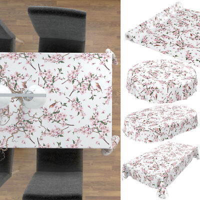 Tischdecke abwaschbar Wachstuch Sakura mit Vogel Weiß Italy ANRO pflegeleicht