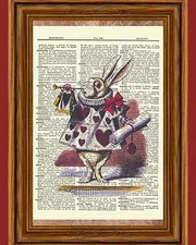 Alice in Wonderland White Rabbit Dictionary Art Print Book Page Mixed Media OOAK
