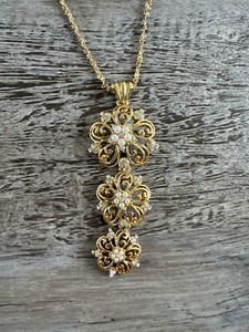 Authentic Nolan Miller Gold Plated Dangling Pendant With Rhinestones Faux Pearl Necklace