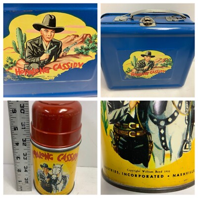 1950 Hopalong Cassidy Blue Metal Lunch Box Thermos Knife Milk