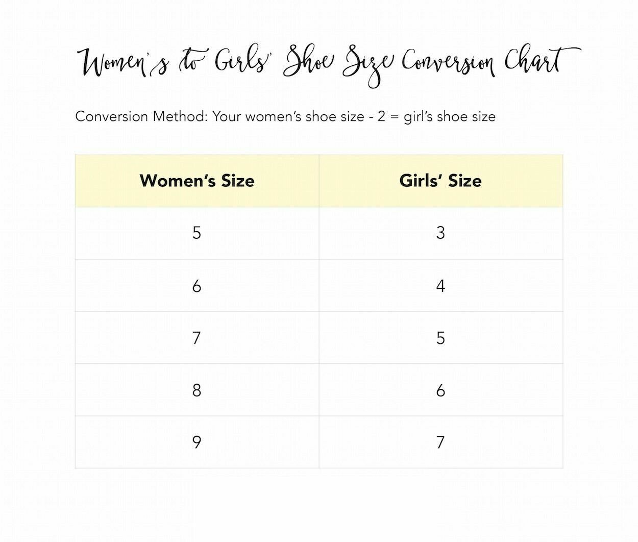 girl size to women's size conversion shoes