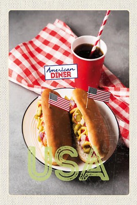 Blechschild 18x12 Amerika USA Hot Dog Gurken Senf Cola Wand Deko Bar Kneipe Samm