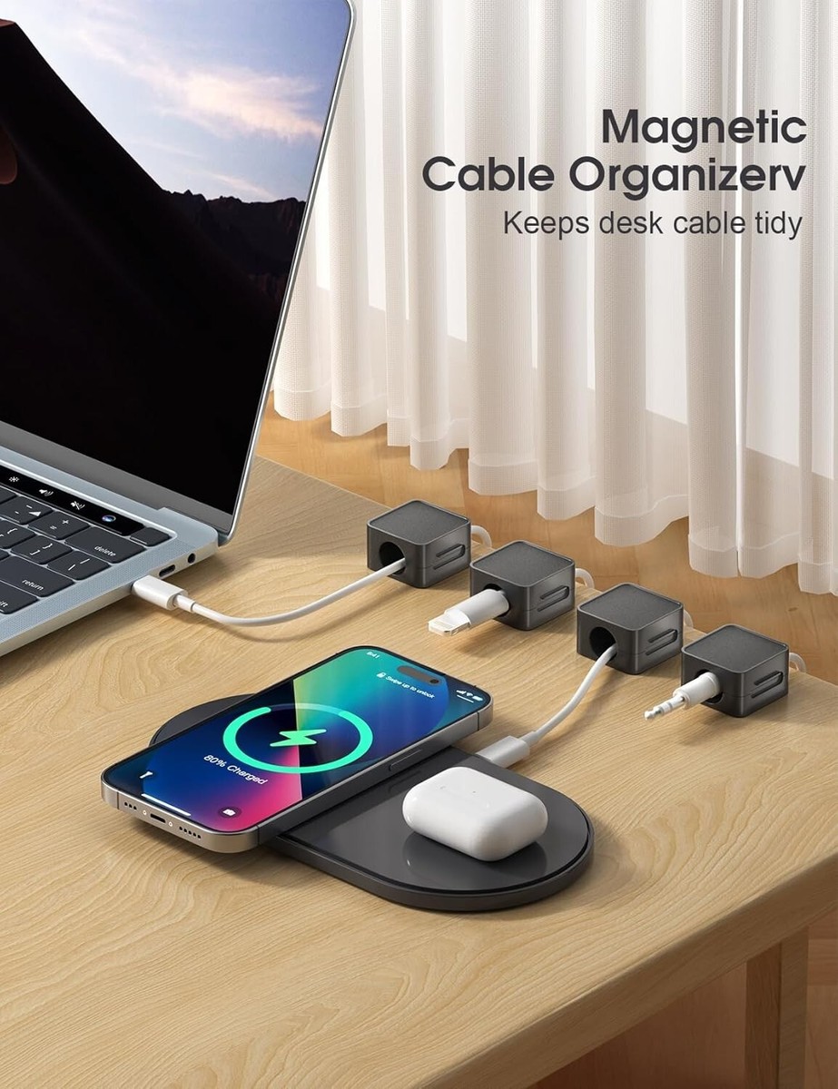 EKIND 4-Pack Magnetic Cable Clips – Self-Adhesive Cable Organizer With 90° Rotating Shaft, Holds Cables Up To 0.27'', For Desk, Car, Nightstand