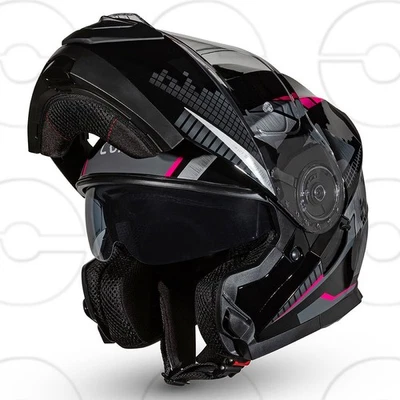 CRUIZER Modularer Motorrad-Rollerhelm Schwarz Grau Rosa Glänzendes Doppelvisier