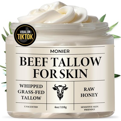 Beef Tallow for Skin - Organic Grass-Fed Whipped Beef Tallow and Honey Balm. 