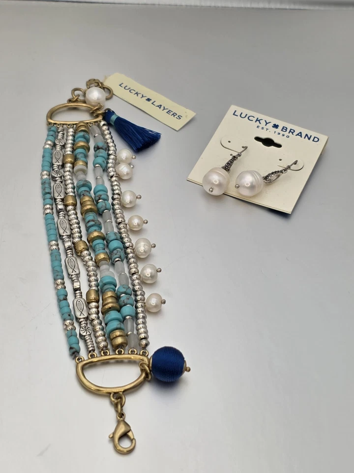 Nuevo LUCKY BRAND GENUINO Perlas Aqua Multi-Hebra Pulsera y Pendiente Conjunto Precio de venta sugerido por el fabricante $88 Foto 2 de 4