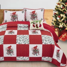 DJY Christmas Quilt Set Twin, Red Cardinals Berries Pattern Bedding White Red