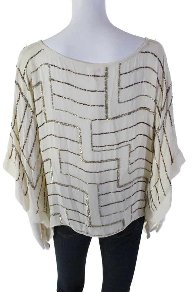 Blusa caftán parker para mujer con lentejuelas de seda adornada beige talla S Foto 3 de 4