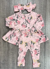Baby Girl Clothes Disney Babies 0-3 Month 3pc Pink Minnie Mouse Outfit