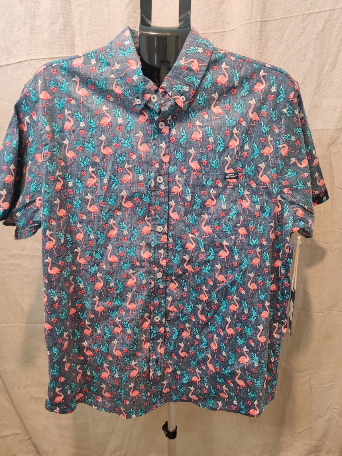 Simply Southern Shirt Men's Size XL Button Up Hawaiian Floral Flamingo Print NWT