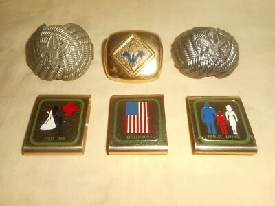 Vintage Boy Scouts of America Neckerchief Tie Holder Slides & Merit Badges Lot 6
