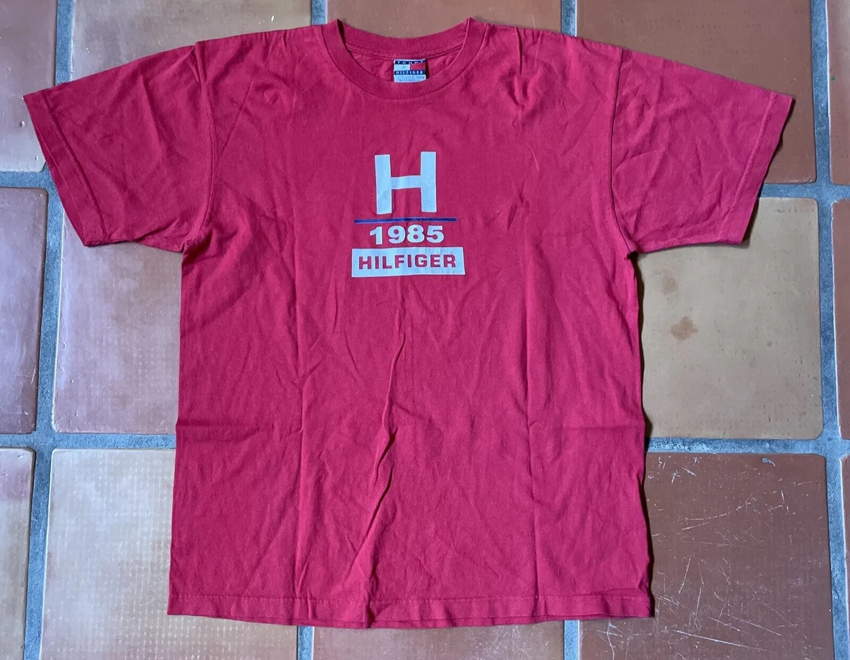 Vintage TOMMY HILFIGER Mens MEDIUM Red Short Sleeve T Shirt Classic Logo 90s Tee
