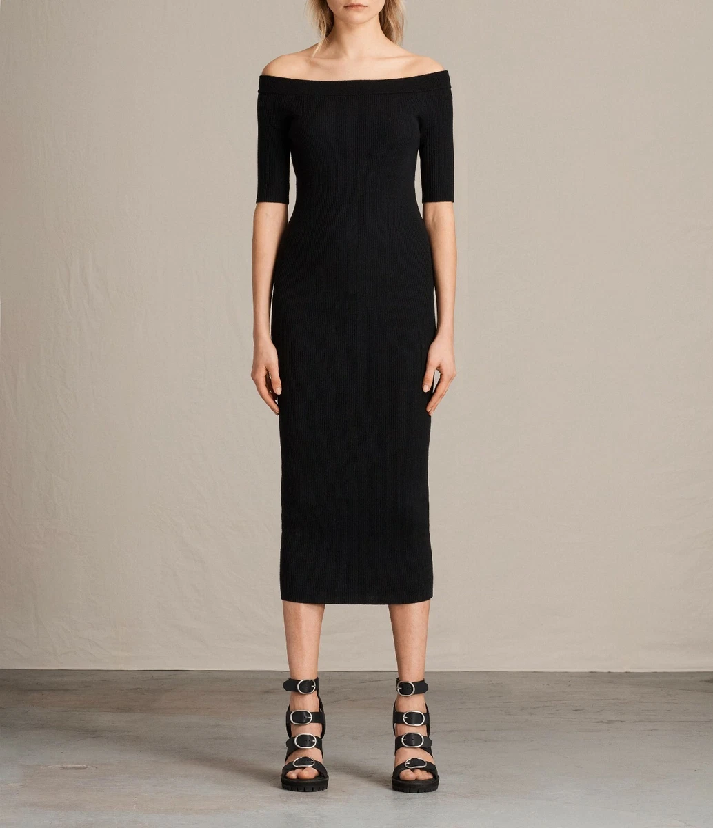 ALLSAINTS Black Lavine Bandeau Off Shoulder Rib Ribbed Knit Bodycon Midi Dress L