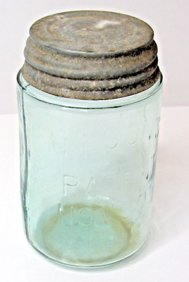 Vintage Blue Aqua 1858 Pint Mason Fruit Jar With Lid And Porcine Insert #USW-1