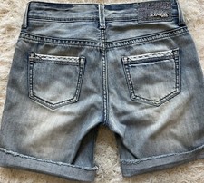 Express Faded Wash Cut Off Raw Hem Denim Jean Bermuda Shorts Rhinestone Tab Sz 0