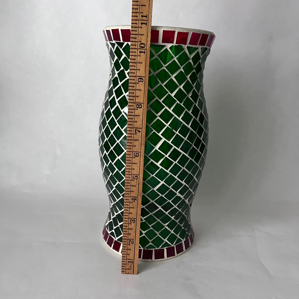 Christmas Stained Glass Candle Hurricane Red Green Mosaic 11" - Image 2 of 4