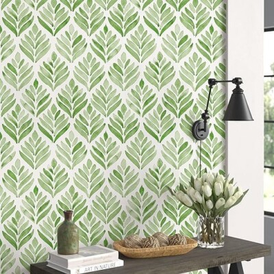 Boho Peel and Stick Wallpaper Watercolor Tulip Leaves Green/White Removable