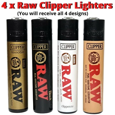 4 x RAW Clipper Lighters CLASSIC BLACK GOLD WHITE Full Set REFILLABLE GAS FLINT