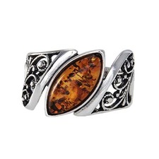Vintage Genuine Baltic Honey Amber Floral Marquise Sterling Silver Ring Size 6