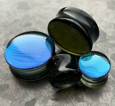 PAIR Midnight Moonstone Iridescent Glass Double Flare Plugs Gauges Body Jewelry 