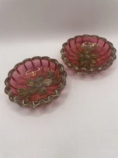 Antique Cranberry Flashed Hand Painted Salt Cellars