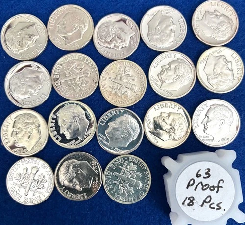1963 Roosevelt Proof Silver Dimes Lot (18 Pieces)