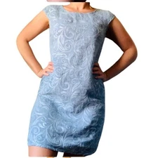Lina Tomei Blue Linen Embroidered Sheath Dress Italian Made Size Large