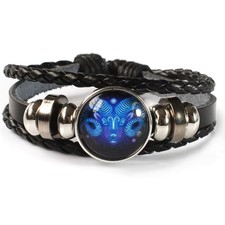 Zodiac Aries Illuminous Adjustable Leather Astrology Charm Bangle Bracelet