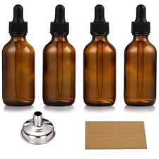 4 Pack, 1 Oz Thick Dark Amber Glass Dropper Bottles with 1 Funnels & 4 Labels -