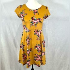 Mustard yellow and pink floral cross back jersey knit dress size small