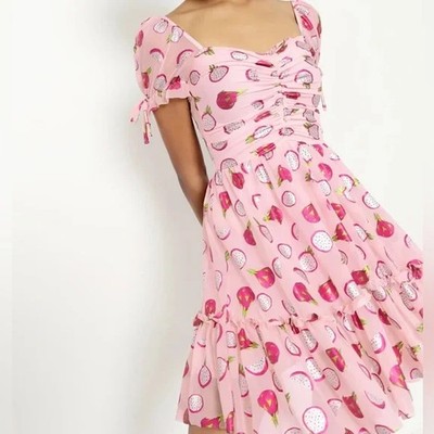 Blackmilk Dragon Fruit Ruffled Tea Party Dress L Pink Metallic Kawaii Fairy Kei