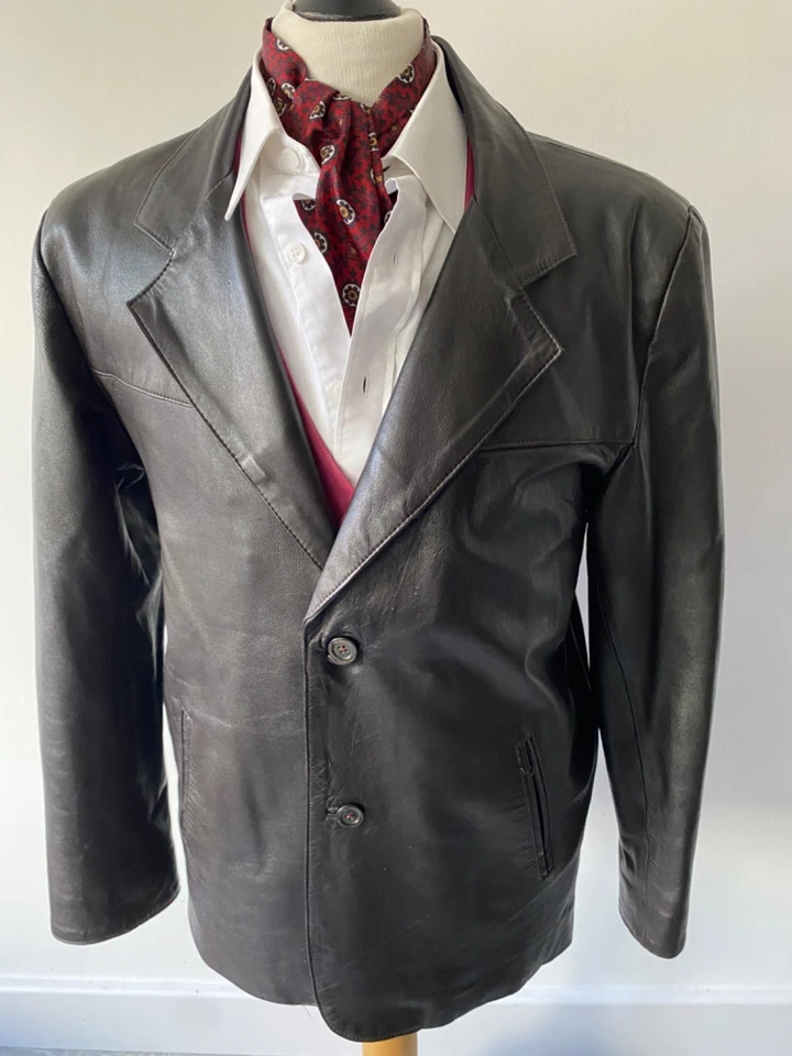 VINTAGE mens INDIE /MOD CLASSIC BROWN LEATHER RETRO JACKET BLAZER 44" - Image 3 of 4