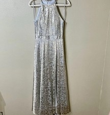 Betsy Adam Gold Crinkle Ball Gown High Slit Glam Dress Burnout Prom Gala Sz 6