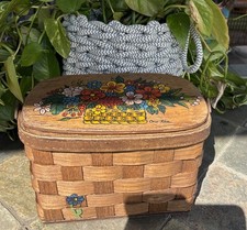 CARO NAN Wood Small Woven Basket Purse Flowers in a Basket Painted and Signed
