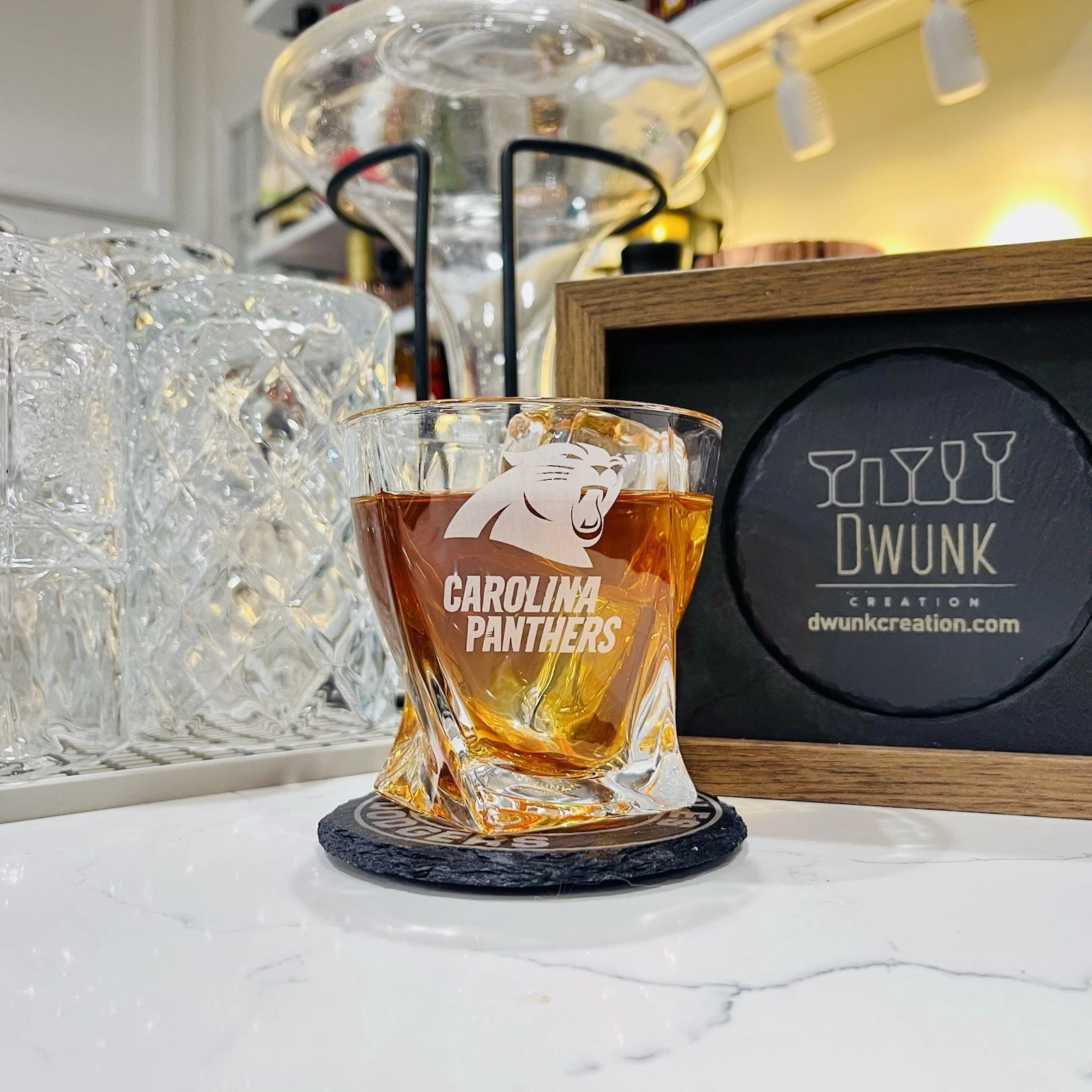Engraved Carolina Panthers Whiskey Glass - Twisted Whiskey Glasses