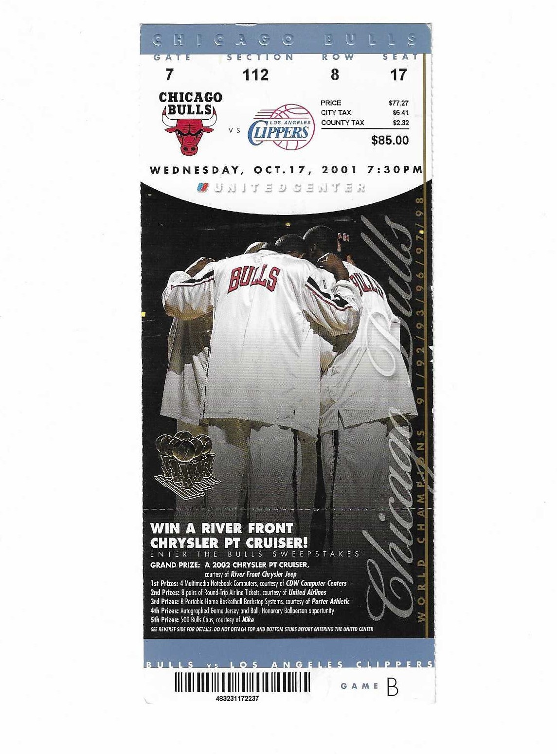 Chicago Bulls vs Los Angeles Clippers Unused Basketball Ticket from 10/17/2001