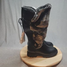 JustFab Womens Demi Black Caviar Faux Fur Tie Lug Sole Combat Boot Size 7