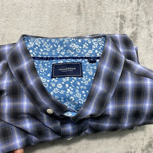 7 Diamonds Shirt Black Blue Plaid Button Down Floral Contrast Stretch Casual - Picture 10 of 11