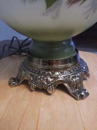 Vintage Gone With The Wind Hurricane Lamp Large Brass Footed Green Floral Light - Picture 5 of 12
