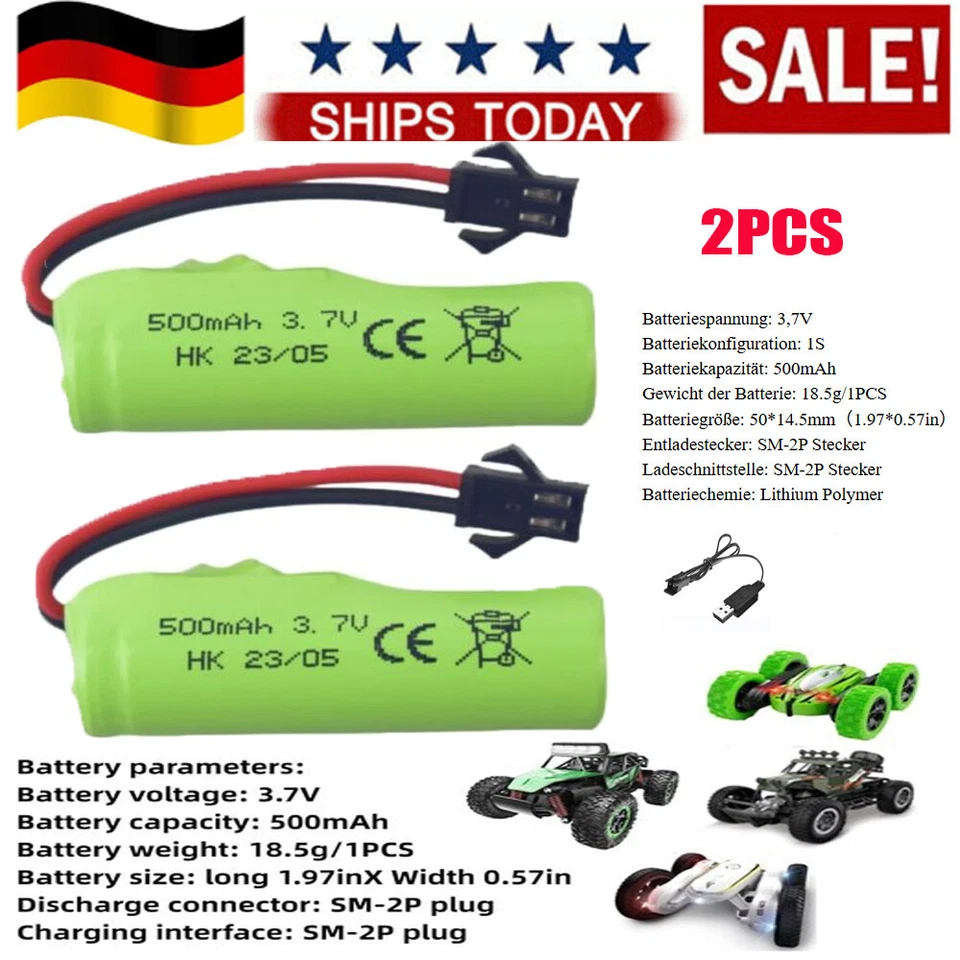 3,7V 500mAh Li-ion Akku Batterie SM Stecker mit Ladegerät für RC Auto Toys Truck - Bild 2 von 4