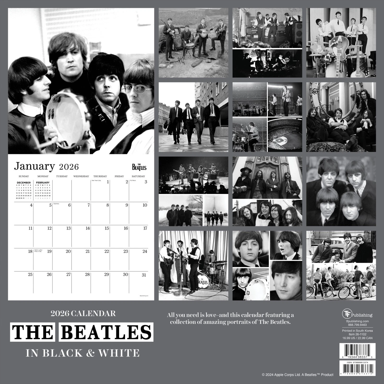 2026 The Beatles Black & White Vertical Wall Calendar