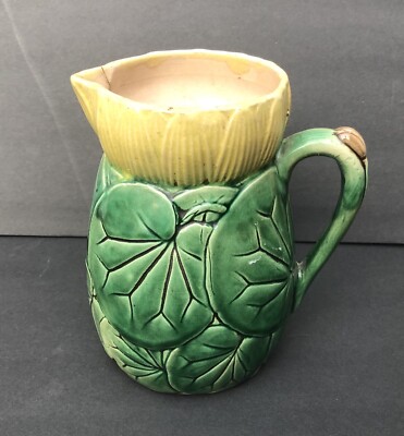 Vintage Antique Majolica Palissy Green Yellow Lotus Pitcher 7 Inch