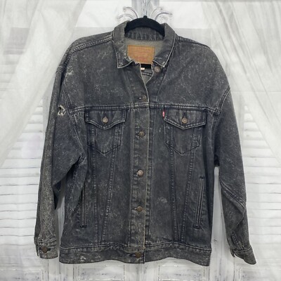 Levis Sz Medium Trucker Jacket Denim Cotton Button Black Stonewash
