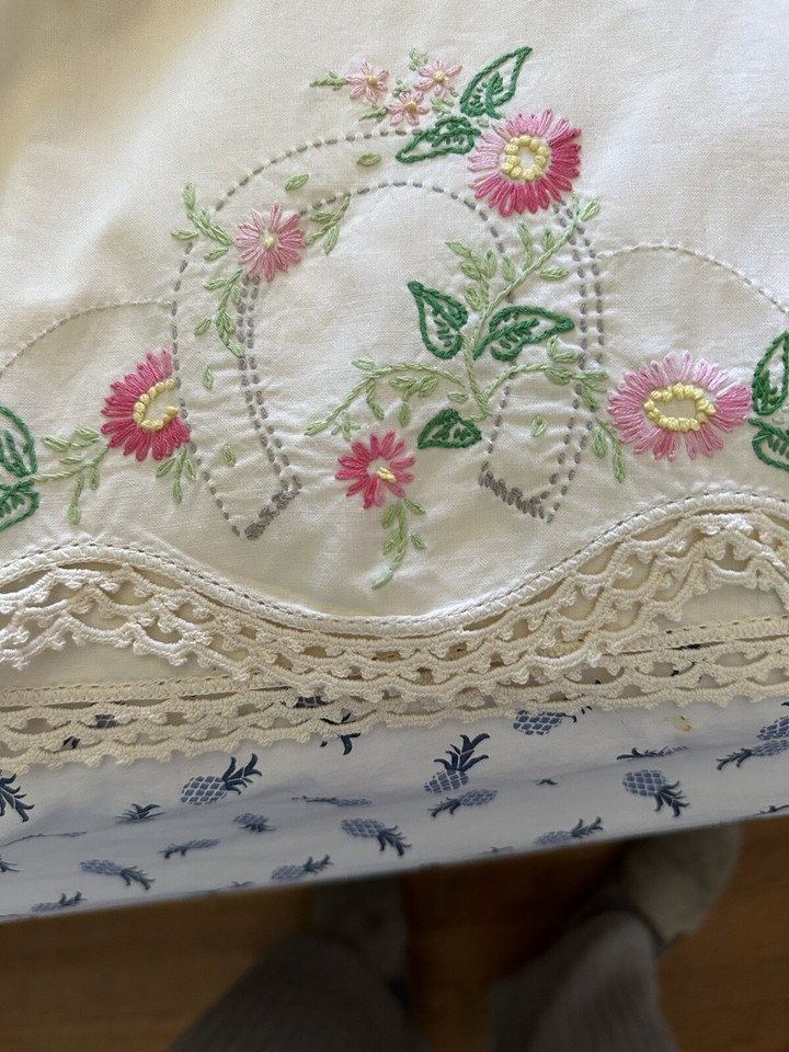 Standard Pillowcases Embroidered Floral Basket Crochet Lace Handwork